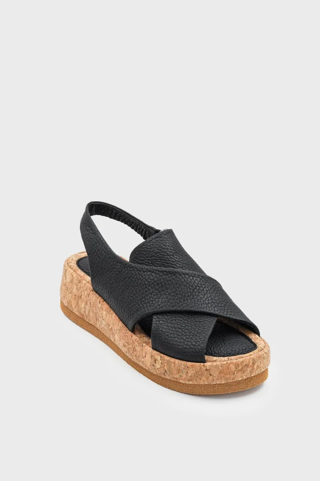 SKD-033 Black Leather Cross Strap Zippered Women's Sandal