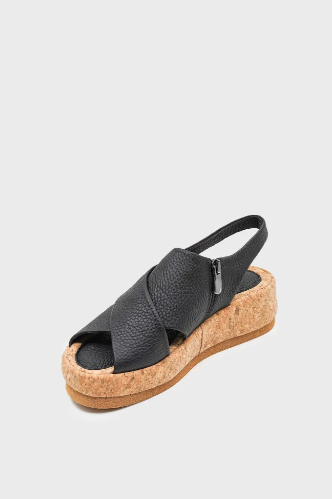 SKD-033 Black Leather Cross Strap Zippered Women's Sandal