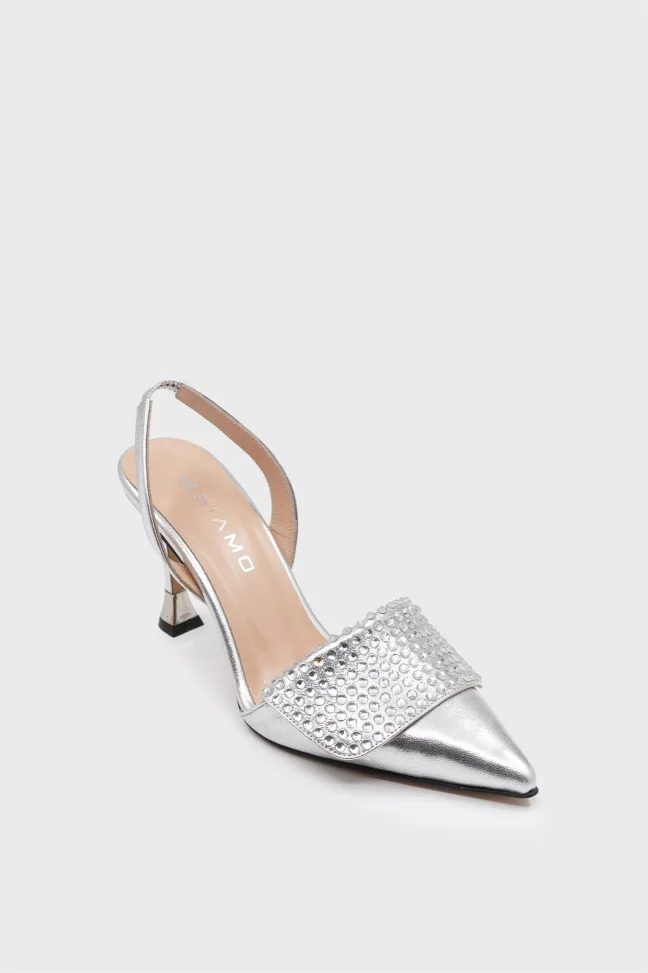 SKT-064 Silver Leather Stone Accessory Heeled Shoe