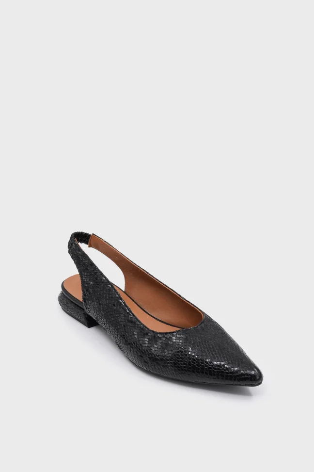 SKL-041 Black Leather Open-Back Elastic Flats