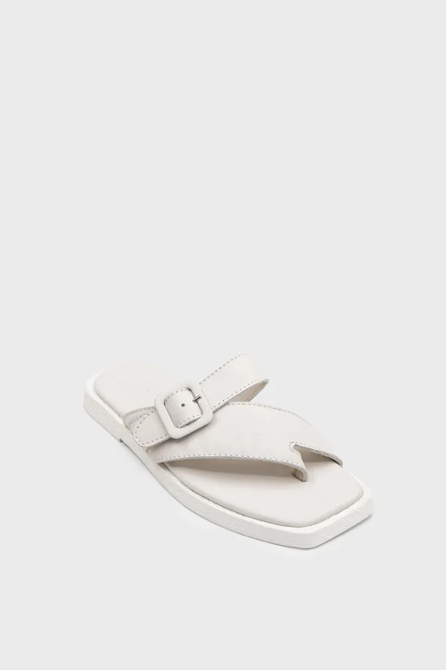 SKK-059 White Leather Buckled Toe-Post Women's Sandal