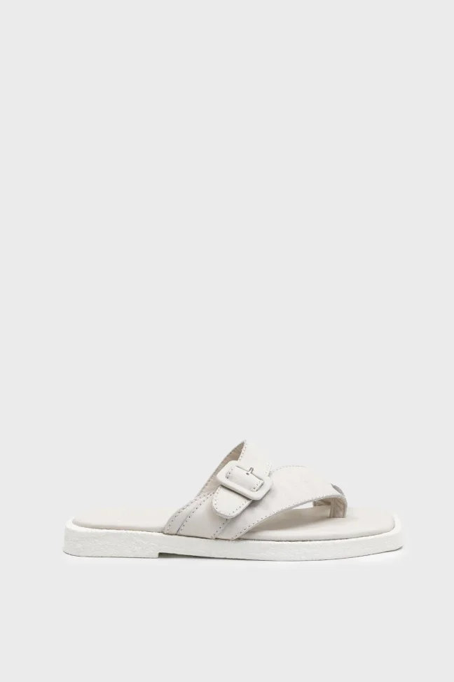 SKK-059 White Leather Buckled Toe-Post Women's Sandal