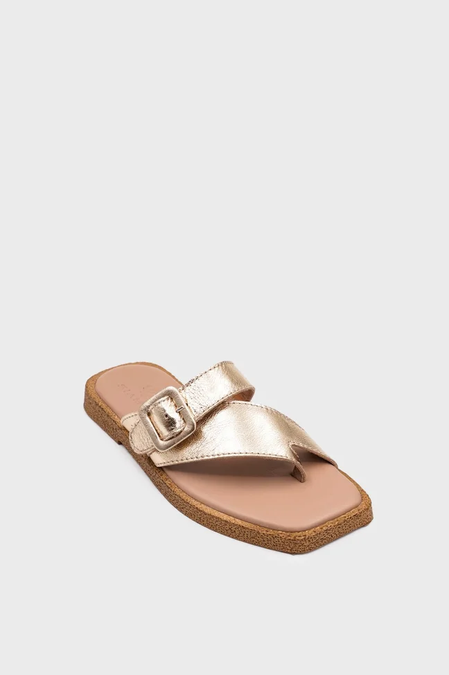 SKK-059 Gold Leather Buckled Toe-Post Women's Sandal