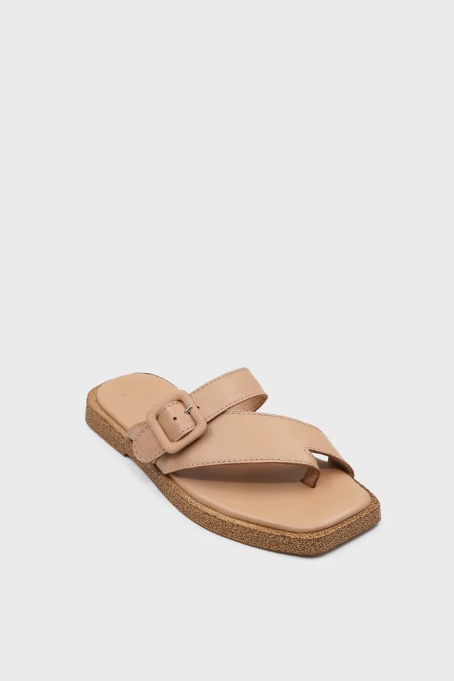 SKK-059 Nude Leather Buckled Toe-Post Women's Sandal