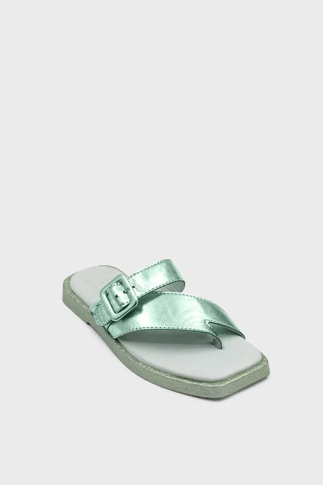 SKK-059 Turquoise Leather Buckled Toe-Post Women's Sandal