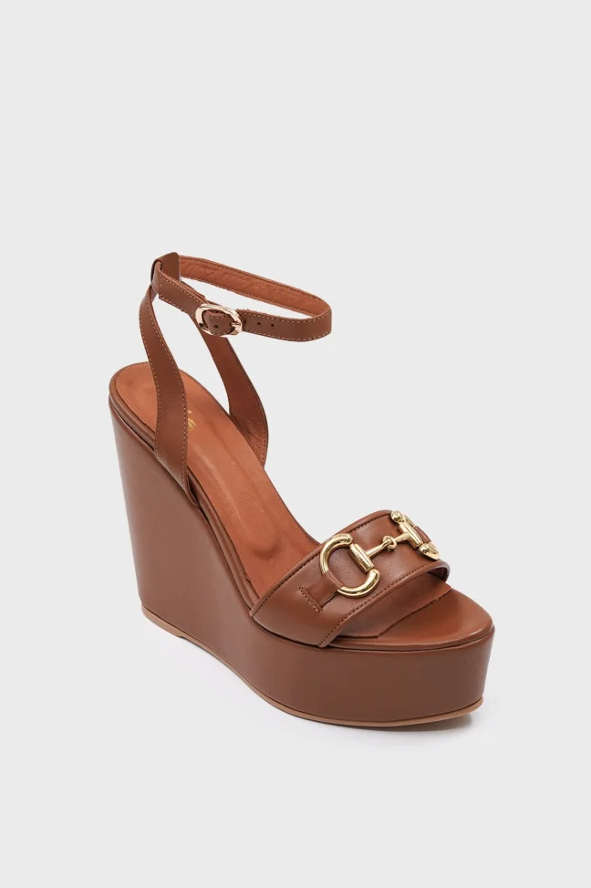 SKD-045 Tan Leather Ankle Strap Wedge Sandal