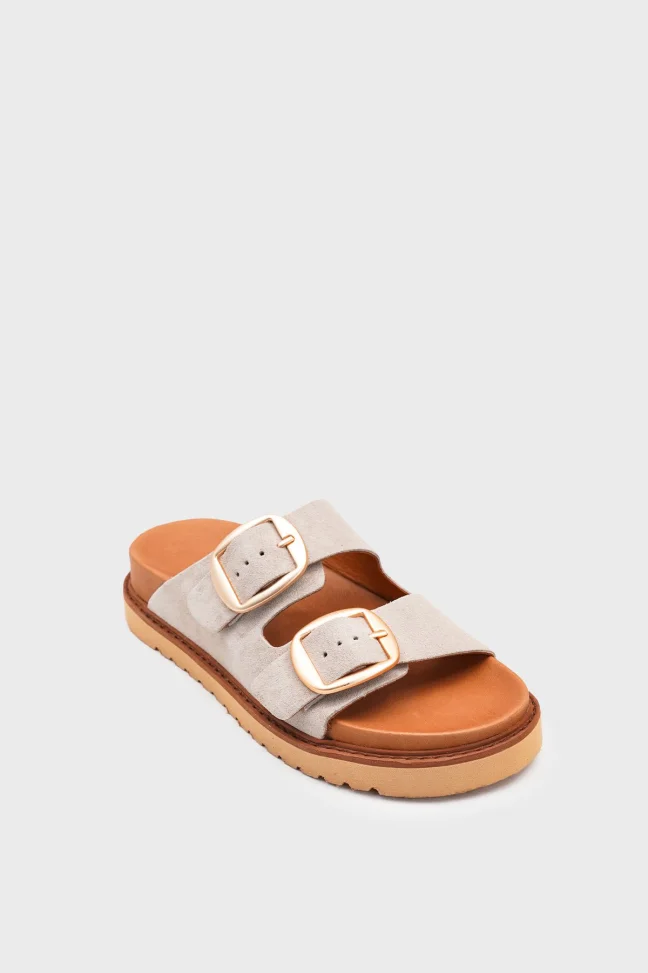SKK-060 Beige Suede Double Strap Comfort Leather Slipper