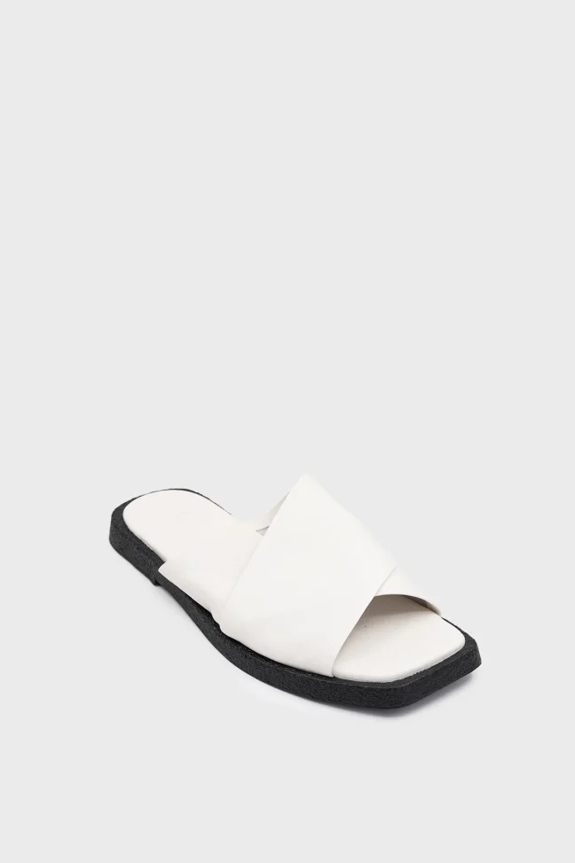 SKK-061 White Leather Cross Strap Comfort Leather Slipper