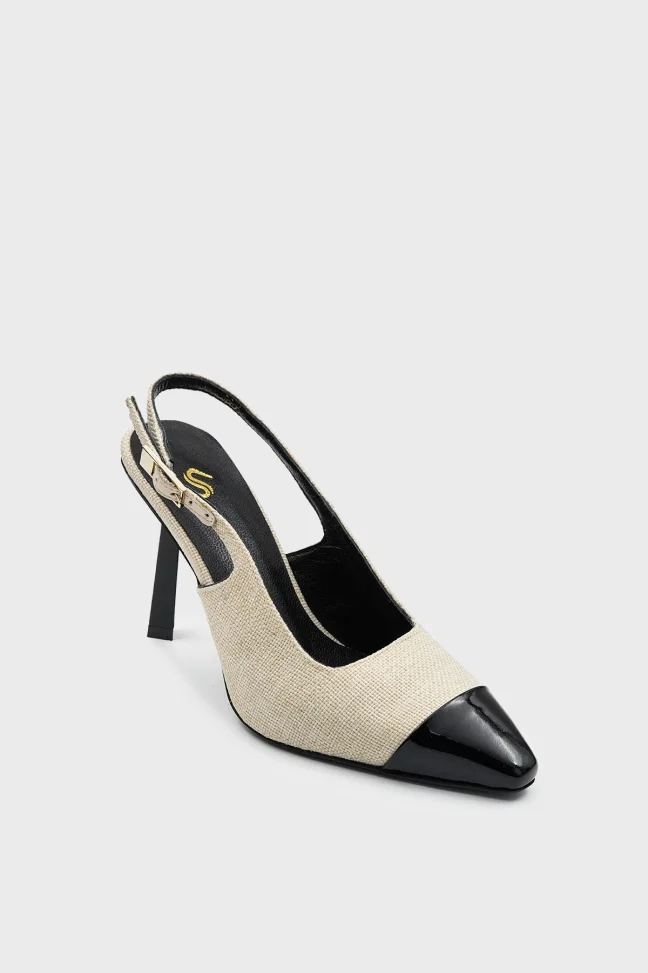 SKT-051 Beige Linen Rear Strap High Heel Women's Shoes
