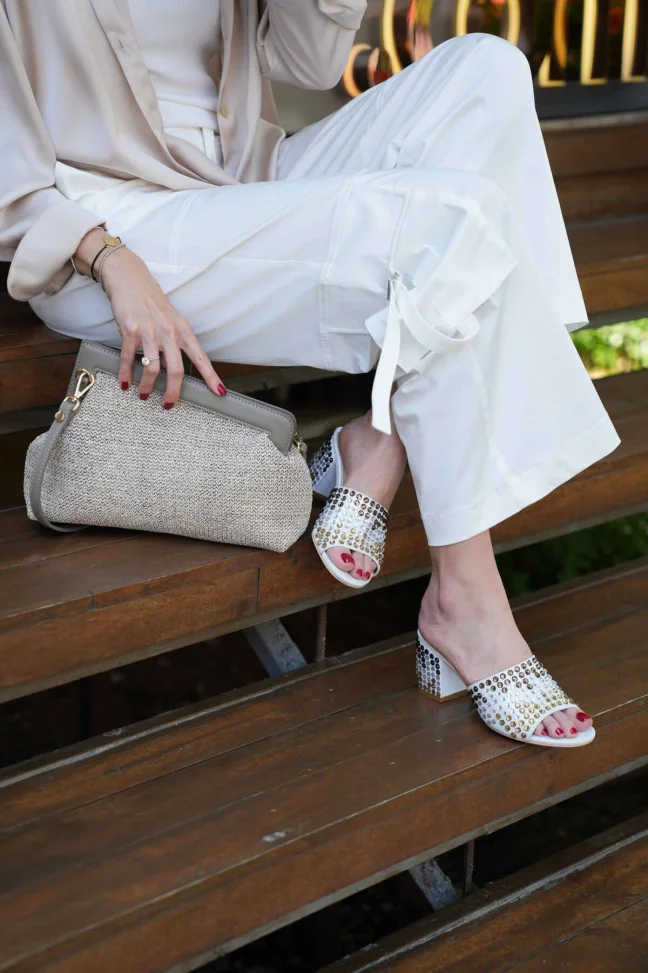 SKK-042 White Stoned Women's Slippers