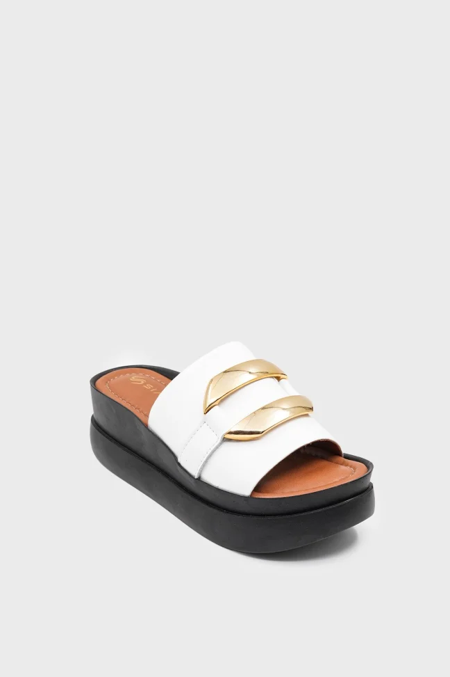 SKK-006 White Leather Square Buckle Women's Slippers