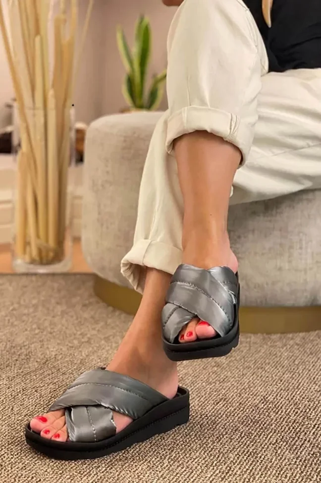 SKK-002 Gray Textile Puffy Women's Slippers
